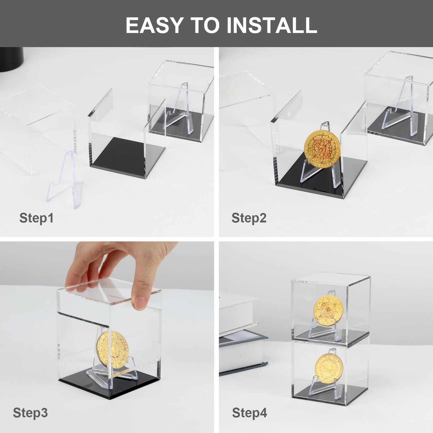 Kcgani Acrylic Coins Trophy Medal Display Case Box with Mini Easel Display Stands, Multiple Rings Storage Case for Championship Rings Challenge Coins Fossils Rocks Stones Chips