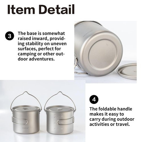 COMTAI 1100ml Titanium Camping Pot with Lid & Bail Handle, Lightweight Backpacking Cookware for Outdoor Hiking Cooking, Ultralight Titanium Cook Pot for Campfire Use