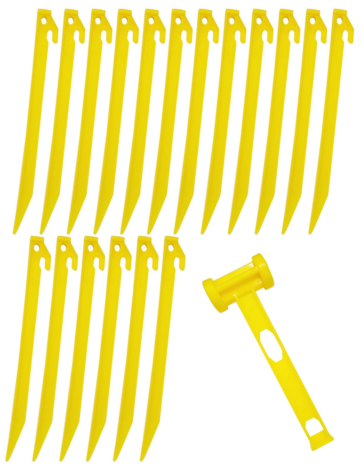 18x Heavy Duty Extra Long 13-3/4" Plastic Tent Awning Pegs, Tent Stakes, Sand Stakes with 1x Hammer for Beach Camping Caravan