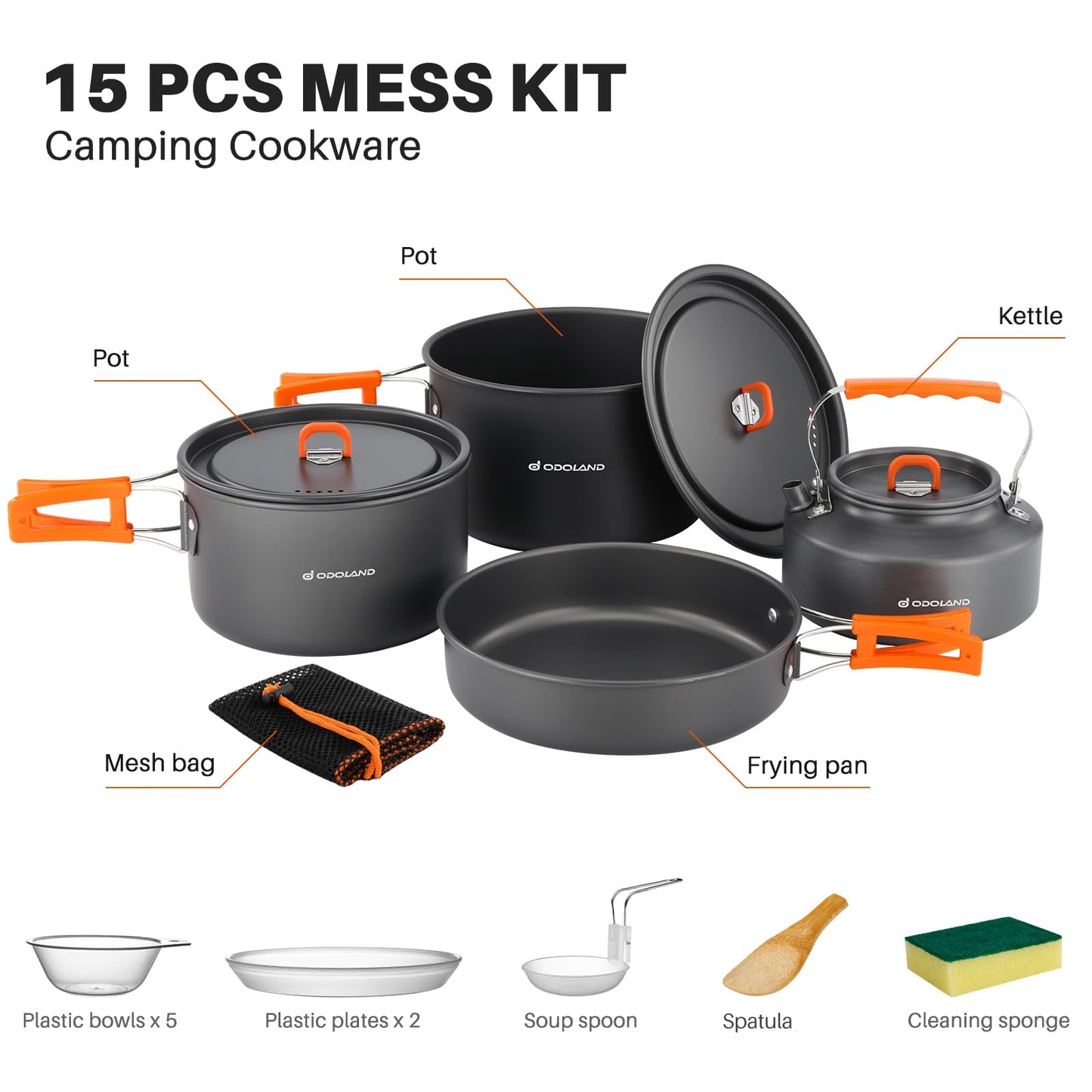 Odoland 15pcs Camping Cookware Non-Stick Lightweight Camping Pots and Pans Set with Kettle Plastic Plates Bowls Soup Spoon for Camping, Backpacking, Outdoor Cooking and Picnic