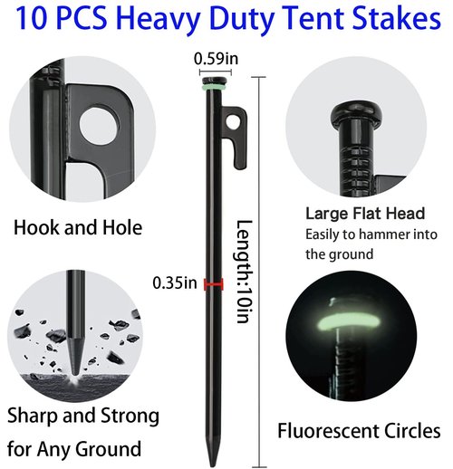 Cyauatt 10 Pcs Heavy Duty Tent Stakes and Camping Hammer Set,10in Metal Tent Stake for Lawn,Ground and Beach,Camping Tent Kit with Tent Stakes,Hammer, Reflective Rope,Tent Clamps and Storage Bag