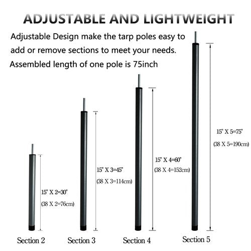 Tent Poles Adjustable Tarp Poles Steel Rods for Tarp Canopy Camping Replacement Set of 4 +Pegs & Reflective Ropes (Black/4)
