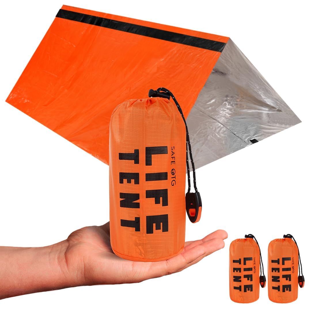 2 Emergency Survival Tent Life Shelter 2 Person Mylar Tube Tents Tarp with Whistle & Paracord Year-Round All Weather Protection for Car Outdoor Hiking Camping Gear Equipment