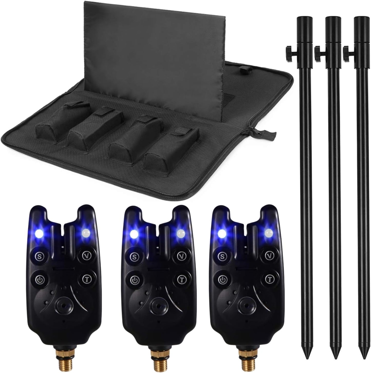 Fishing Bite Alarm Indicator Set LSOSVSEU's 3 LED Fishing Alarms 3 Extendable Aluminum Banksticks with Waterproof Tool Bag, Fishing Rods Set Bank Poles Set for catfishing