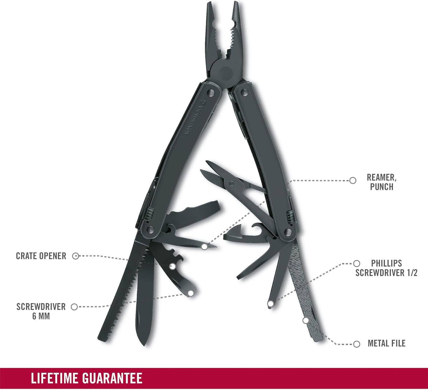 Victorinox Swiss Tool Swiss Army Knife, 24 Function Swiss Made Multi-Tool with Needle-Nose Pliers, Wire Cutters and Large Blade - Silver