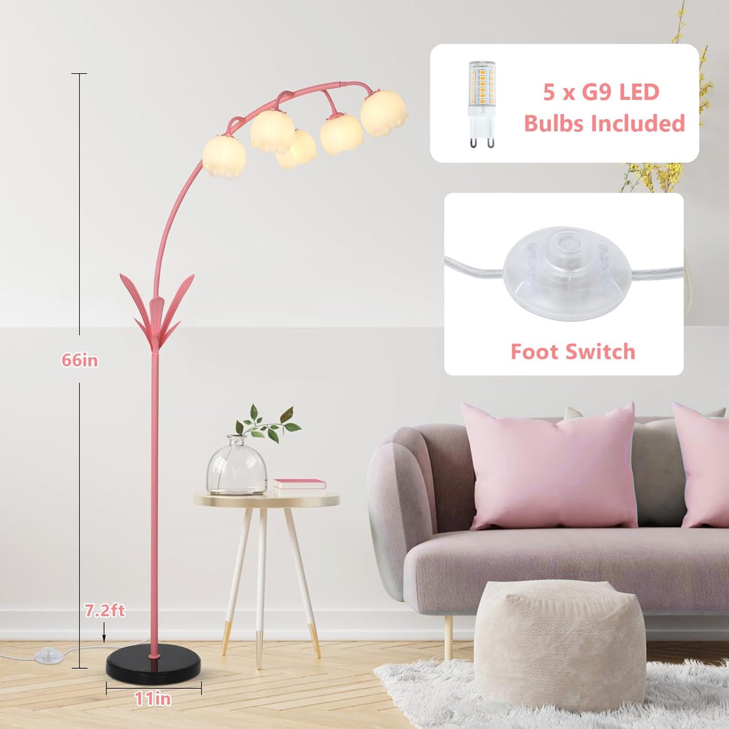 HMVPL Arc Floor Lamp for Living Room, Flower Floor Lamp with 5 G9 LED Bulbs, Foot Switch, Green Floral Standing Lamp with Acrylic Shade, Curved Tall Lamp for Living Room Bedroom Corner Kids Reading