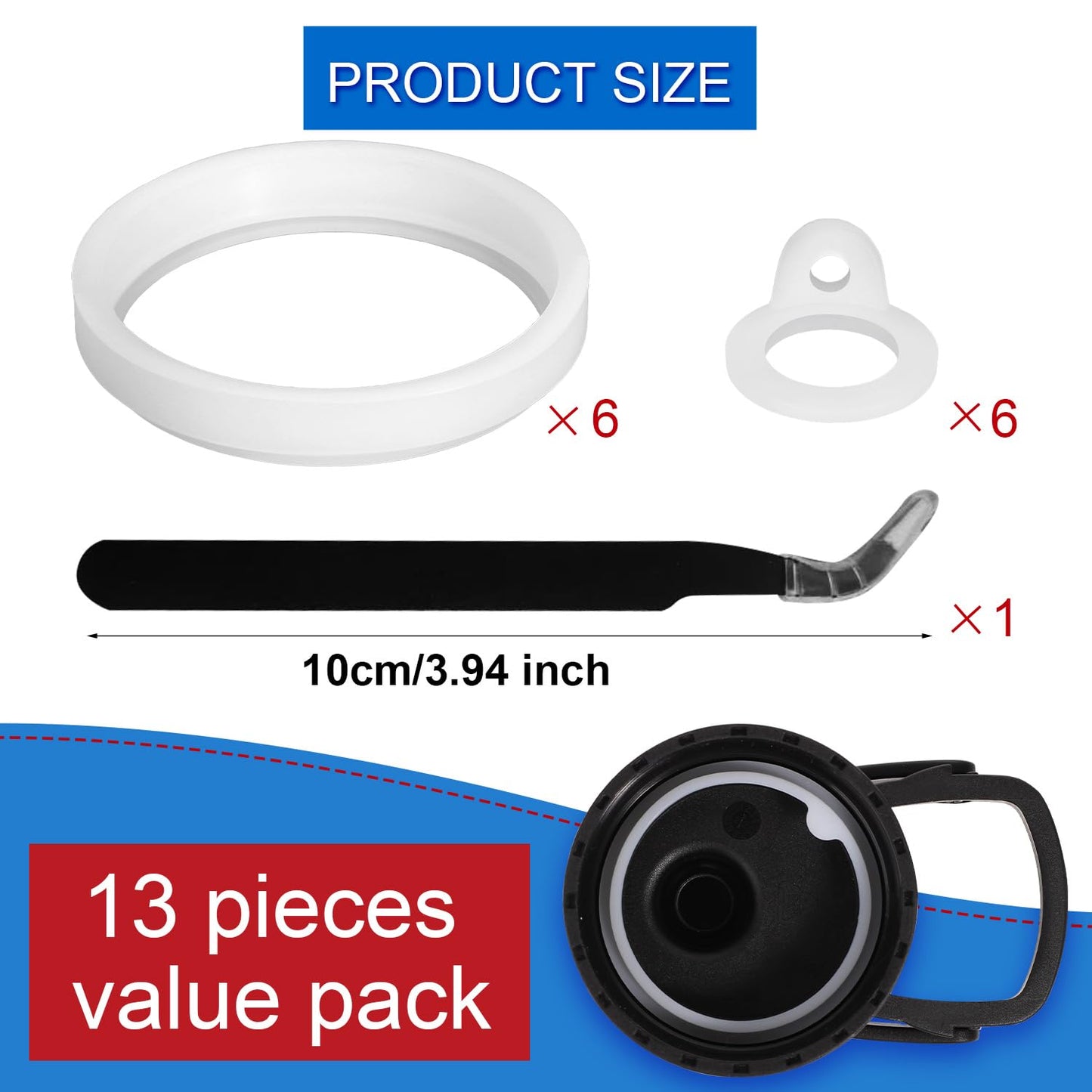 13pcs Water Bottle Lid Replacement for Thermoflask 24/32/40/64oz, Straw Gasket Replacement Accessories & Tweezers Silicone O Ring Rubber Seal Washer Part Compatible with Thermoflask Chug Spout Lid