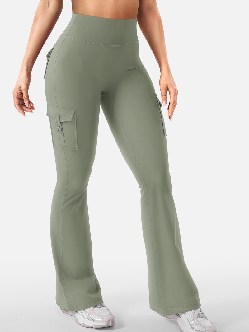 YEOREO CoreFlex Women Workout Flare Leggings with Pockets Hidden Scrunch High Waisted Cargo Gym Yoga Leggings Light Army Green XS