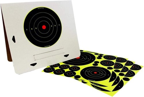 BIRCHWOOD CASEY Shoot-N-C Deluxe Target Kit for Shooting - Easy to Assemble Heavy-Duty Self-Standing Cardboard A-Frame Target Stand & 40 Self-Adhesive Reactive Targets with 40 Repair Pasters