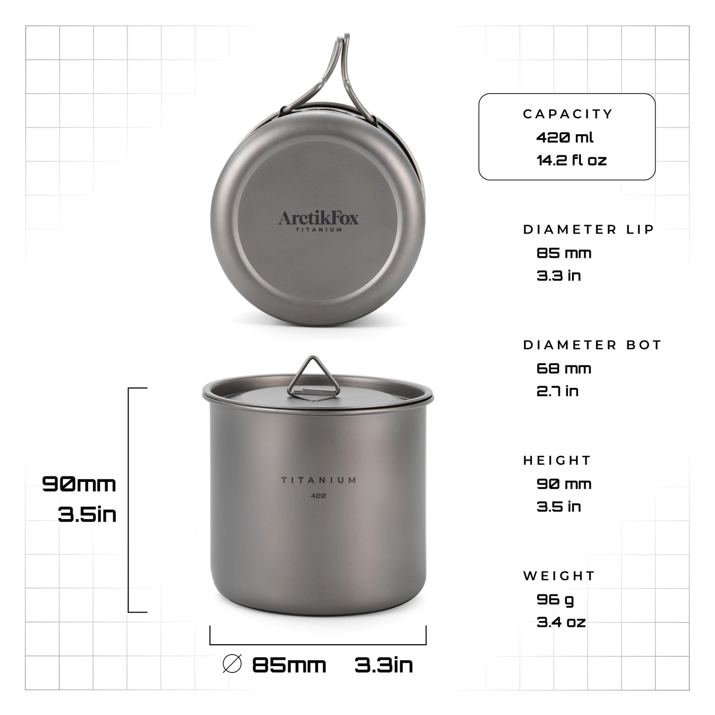 ArctikFox TITANIUM Cup 14 fl oz (420ml) w/Lid and handles - Ultralight Camping Pot, Portable Drinkware, Travel Coffee Mug