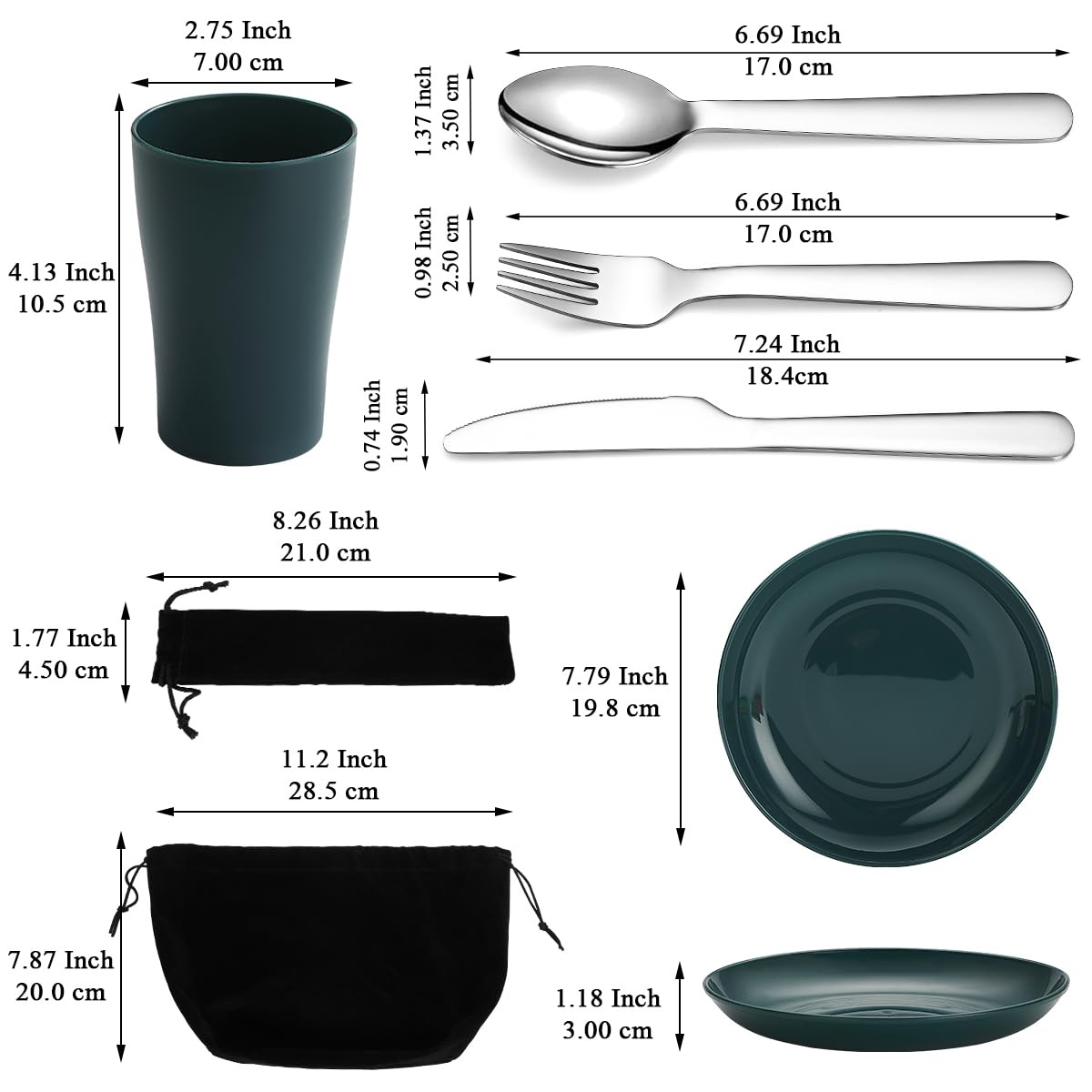 Evanda Camping Cutlery Set 5 Piece, Reusable Light Weight Mug, Plate and Stainless Steel Cutlery Set with Black Bag, for Camping 1 Person, Dishwasher Safe