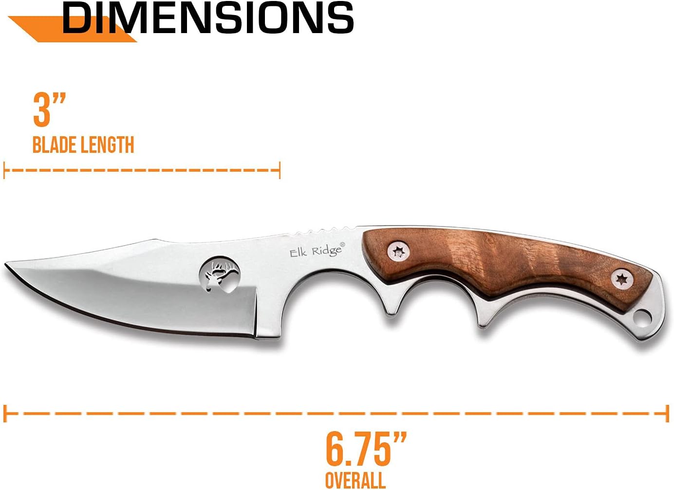 Elk Ridge - Outdoors Fixed Blade Knife - 6.75-in Overall, Mirror Finished Stainless Steel Blade, Burl Wood Handle - Full Tang Construction, 1680D Nylon Sheath - Hunting, Camping, Survival - ER-534