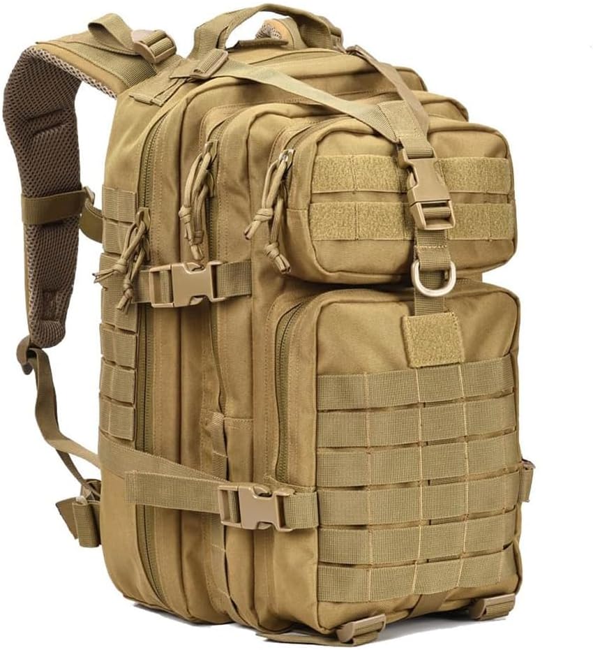 REEBOW GEAR Tactical Backpack Army Molle Military Style Assault Pack Bug Bag Backpacks 34L Daypack (With Flag Patch, Black)
