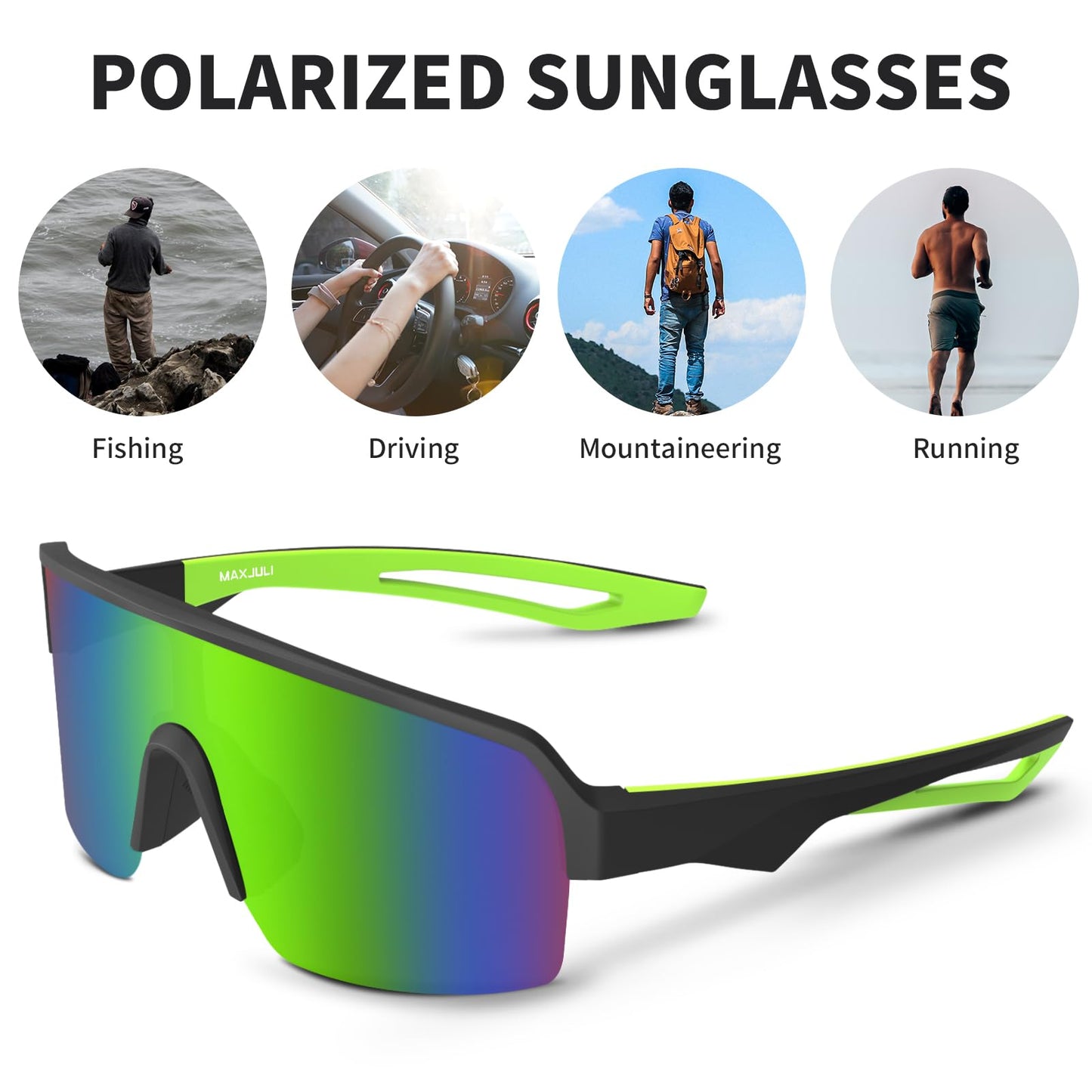 MAXJULI Polarized Sports Sunglasses for Men Women, Windproof Outdoor Cycling Running UV400 Protection Sun Glasses 8208 C3 Black+Green
