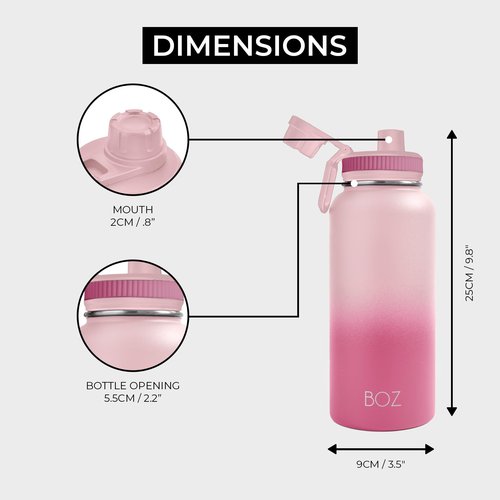 BOZ Stainless Steel Water Bottle - Vaccum Insulated Water Bottle 32 Oz - Wide Mouth BPA Free Sport Water Bottle for Gym with Spout Lid - Thermal Hot & Cold 1 Litre Gradient Pink Waterbottle