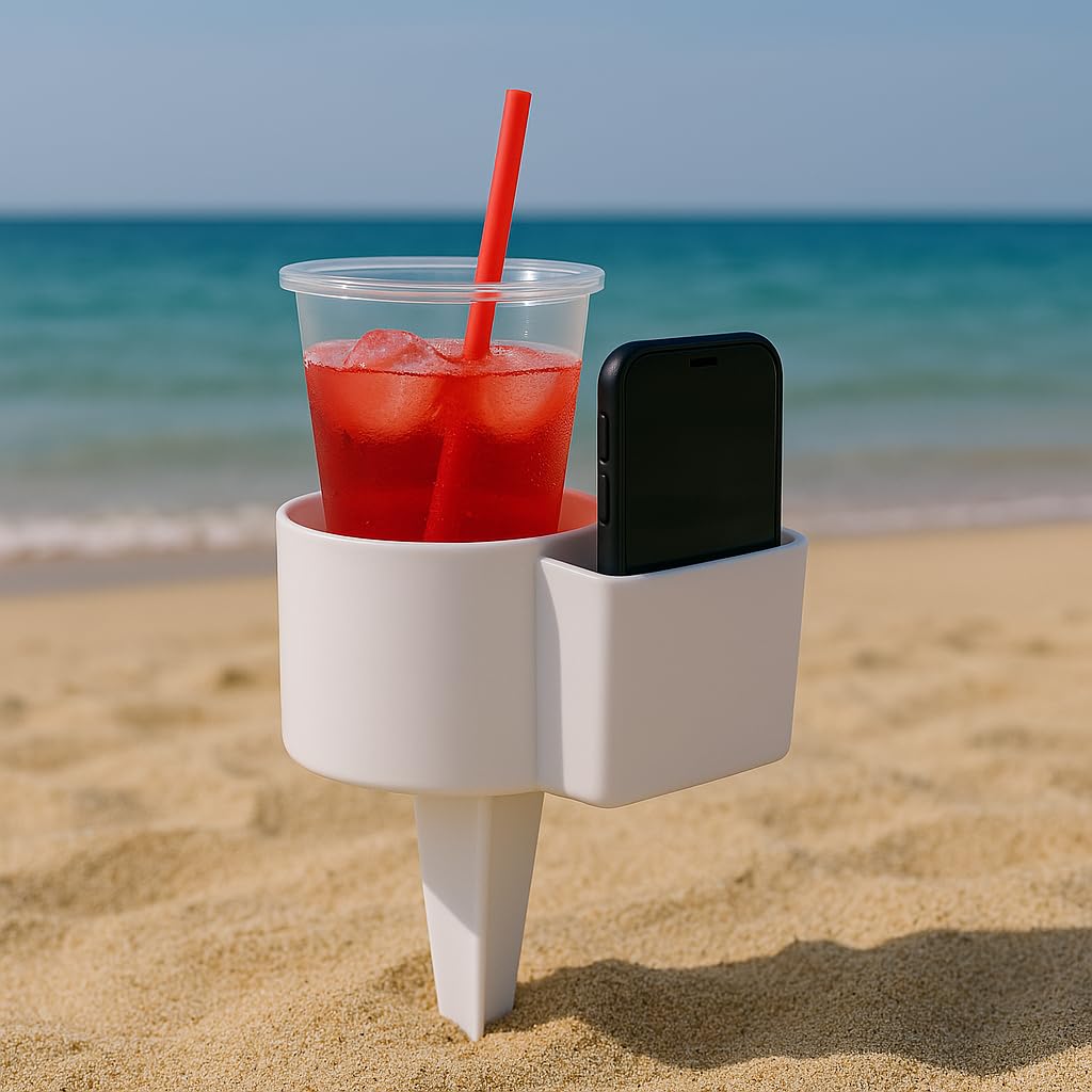 2-Pack Beach Drink and Phone Holder with Pocket – Sand Spike Cup Organizer for Sunglasses, Keys, and More – Ideal for Beach, Garden, and Outdoor Events