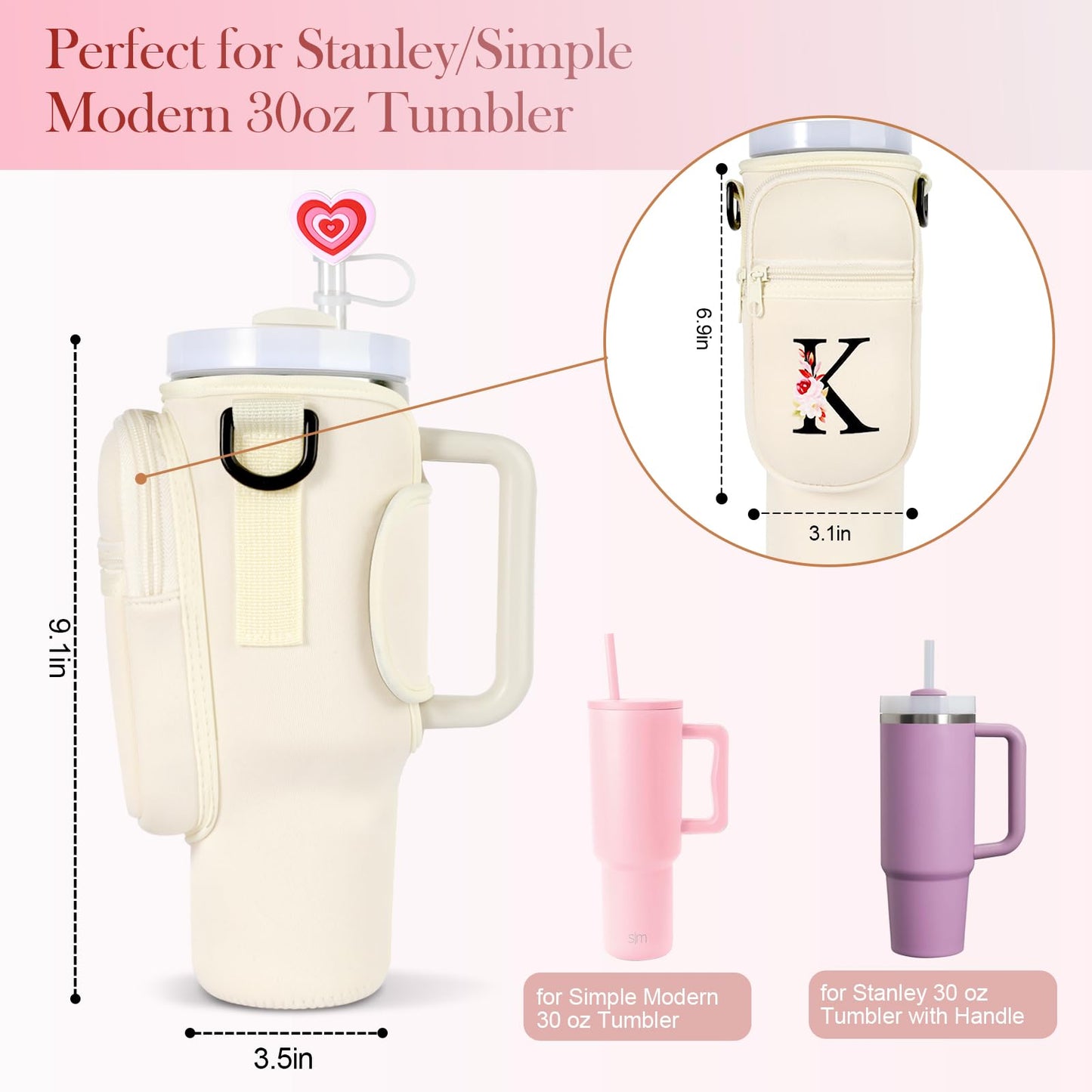 GOEWY Water Bottle Carrier Bag for Stanley 30 oz Tumbler with Handle Neoprene Water Bottle Holder Pouch Stanley Cup Accessories Gift Set with 1 Straw Cover & 1 Letter Charm B