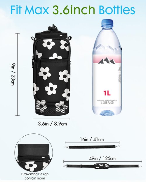 Toykee Under 32 oz Water Bottle Holder Bag with Strap - Crossbody & Woven Handle Sling for Carrier Walking with Phone Pocket Black White Flower