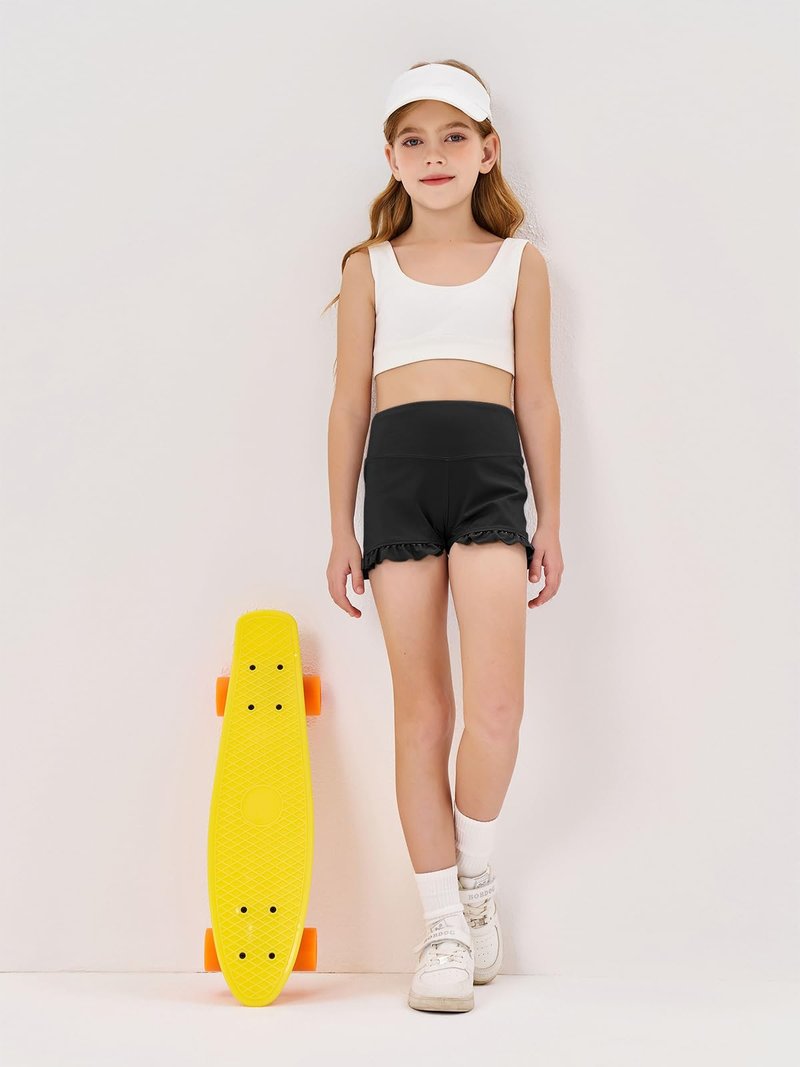 rrhss Girls Athletic Ruffle Shorts High Waisted Yoga Dance Shorts Comfy Workout Gymnastics Shorts Black