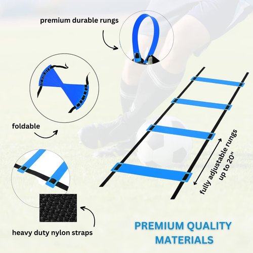 DELUXE EDITION Agility Ladder Training Set - 13 Rung 21ft Agility Ladder w/13 Disc Cones, Carry Bag - Improve Speed & Strength Soccer, Football, Basketball w/4 Steel Pegs with eGuide Chart
