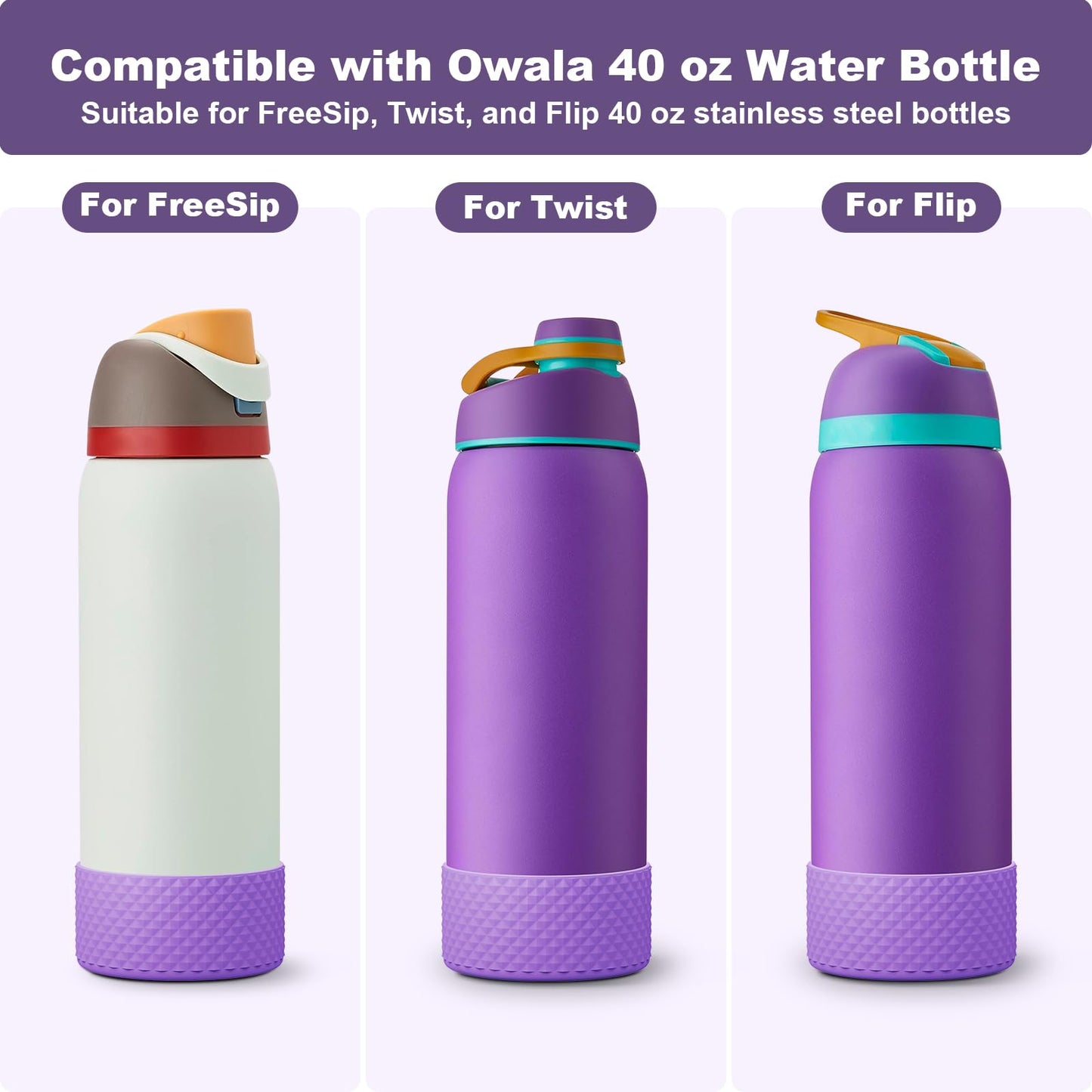 Alwenid 2PCS Silicone Water Bottle Boot for Owala 40 Oz, Anti-Slip Protective Sleeve Bottom Bumper Protector for FreeSip, Twist, and Flip Stainless Steel Water Bottles (Purple)