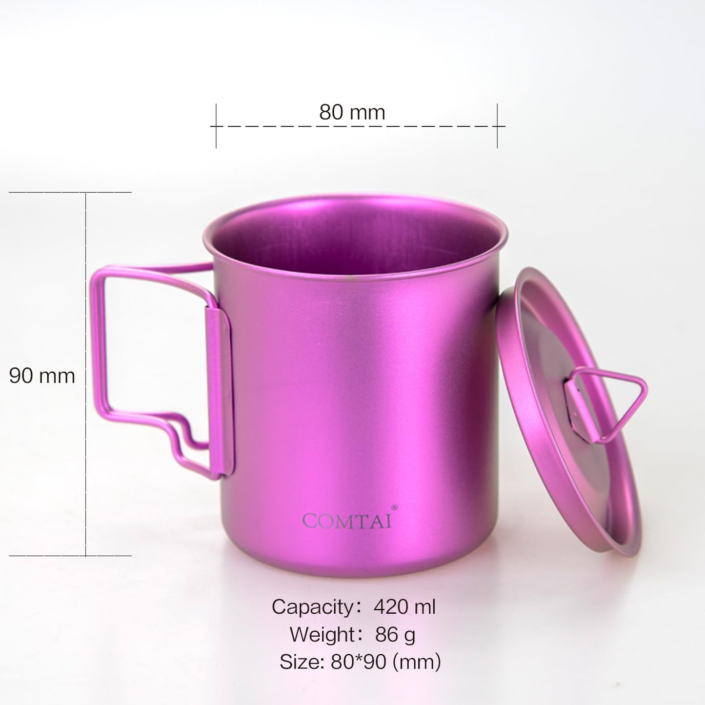 COMTAI Titanium Camping Pot Mug 15oz (420ml) with Lid and Foldable Handle – Ultralight Camping Cup for Hiking, Backpacking, Outdoor Cooking, Purple