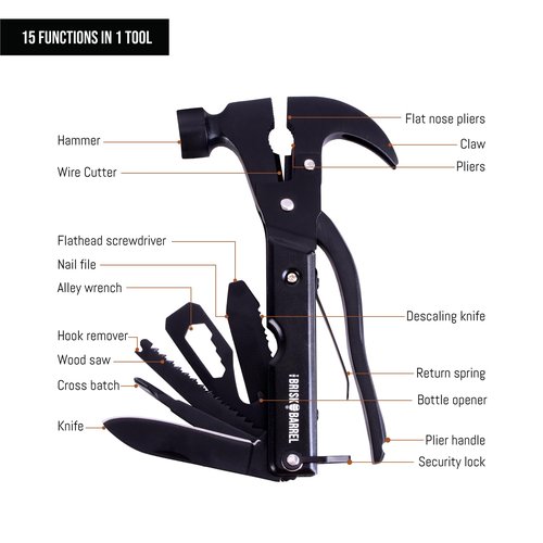 Hammer Multitool 15 in 1 - Multitool for Men. Compact Camping Multi Tool. Backpacking & Camping. Survival and Emergency Tool. Father's Day Gifts for Men, Dad. Pocket Tool