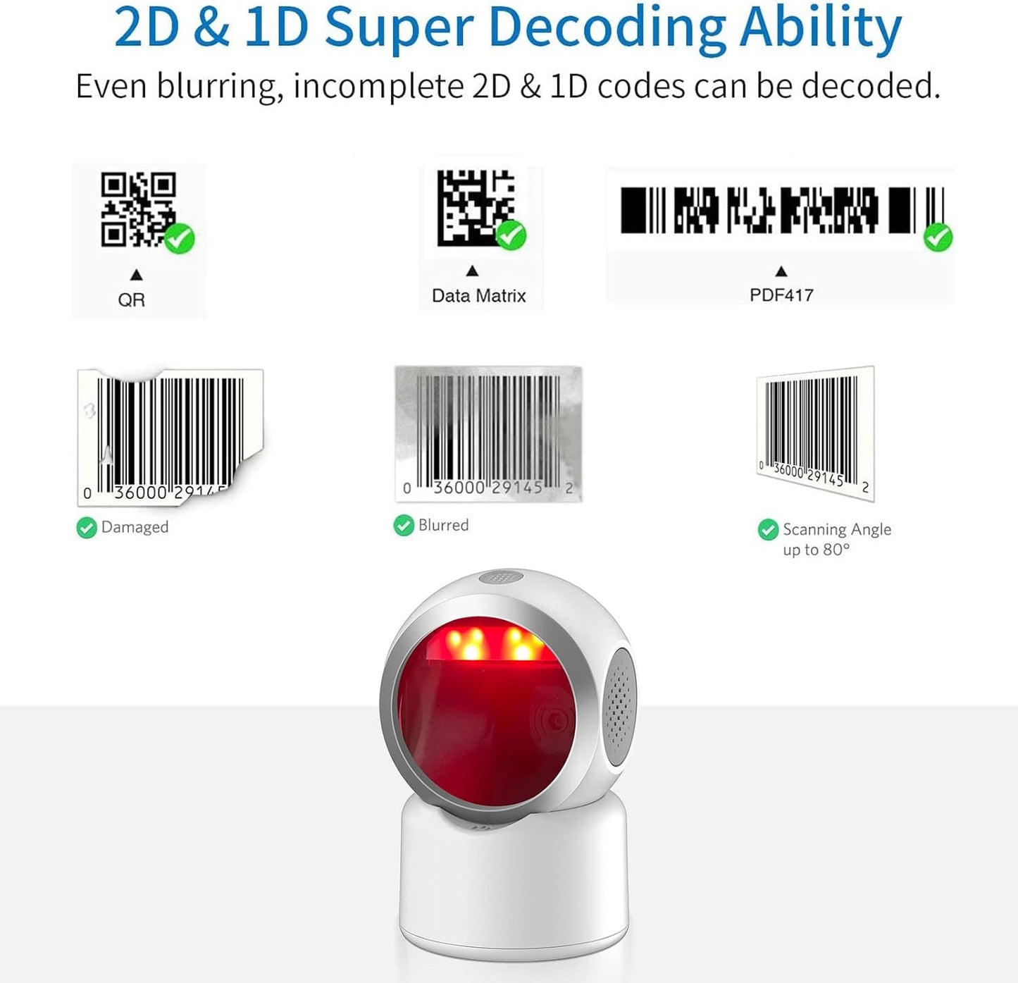 2D QR Hands-Free Barcode Scanner Omnidirectional Automatic Sensing Scanning USB Barcode Reader Adjustable Screen Scanning Platform Scanner for POS PC Supermarket Bookstore