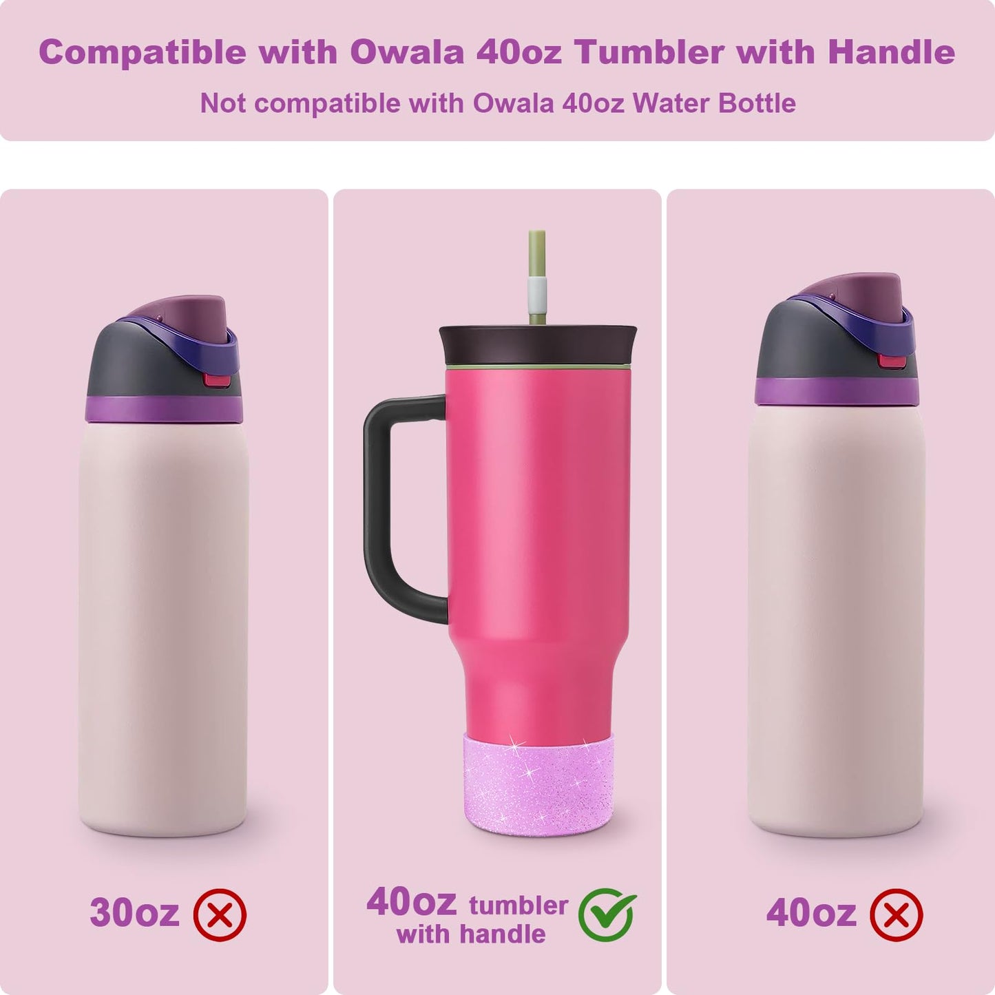 Alwenid 2PCS Silicone Boot for Owala 40oz Tumbler with Handle, Anti-Slip Protective Sleeve Bottom Bumper Protector for Owala Mug Water Bottle Cup, Dishwasher Safe and BPA Free(Shiny Purple)