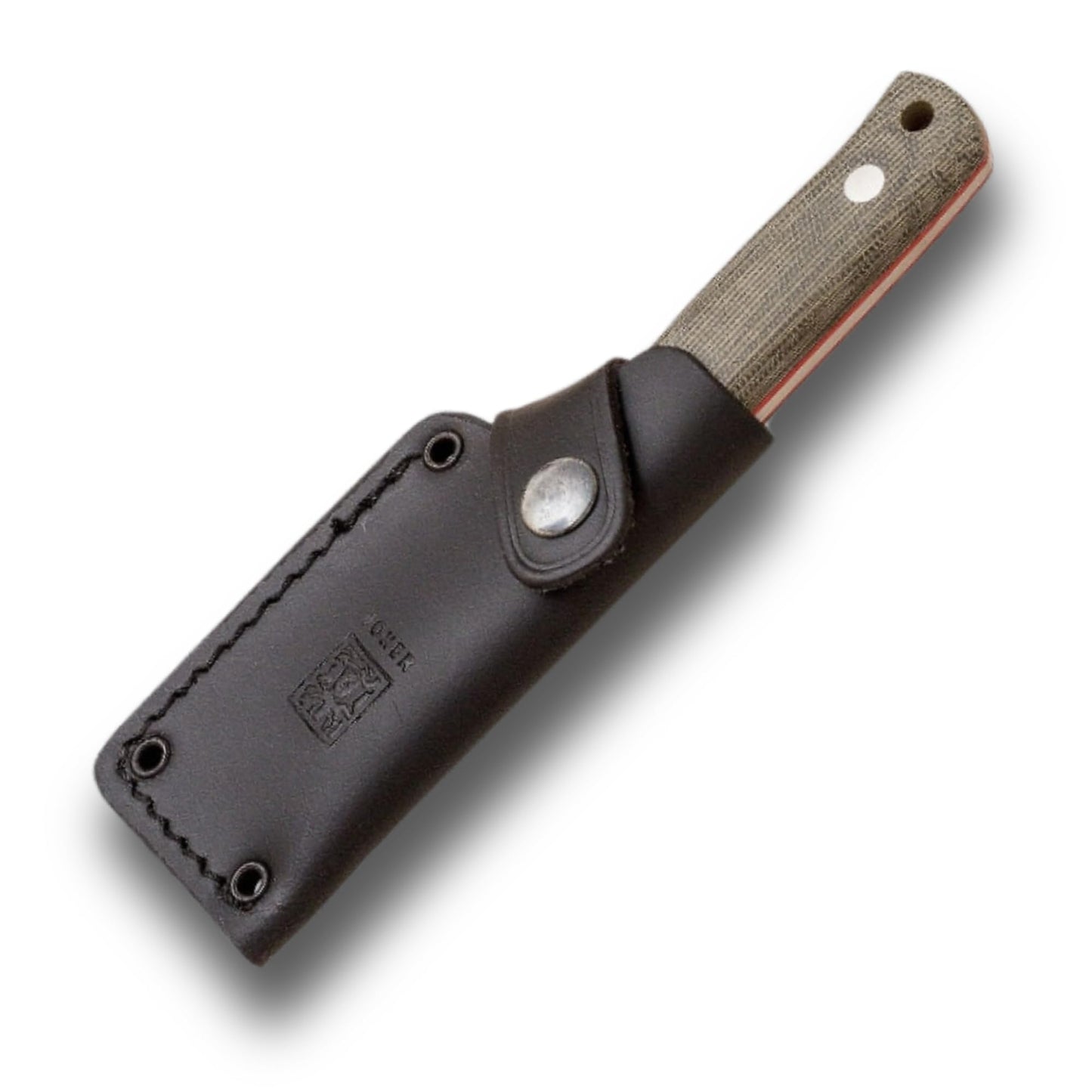 Joker Erizo TS1 CV81 Knife. Bushcraft Hunting Knife with Böhler N695 Steel and Green Canvas Micarta Handle. 2.95-inch Blade. Includes Black Leather Sheath.