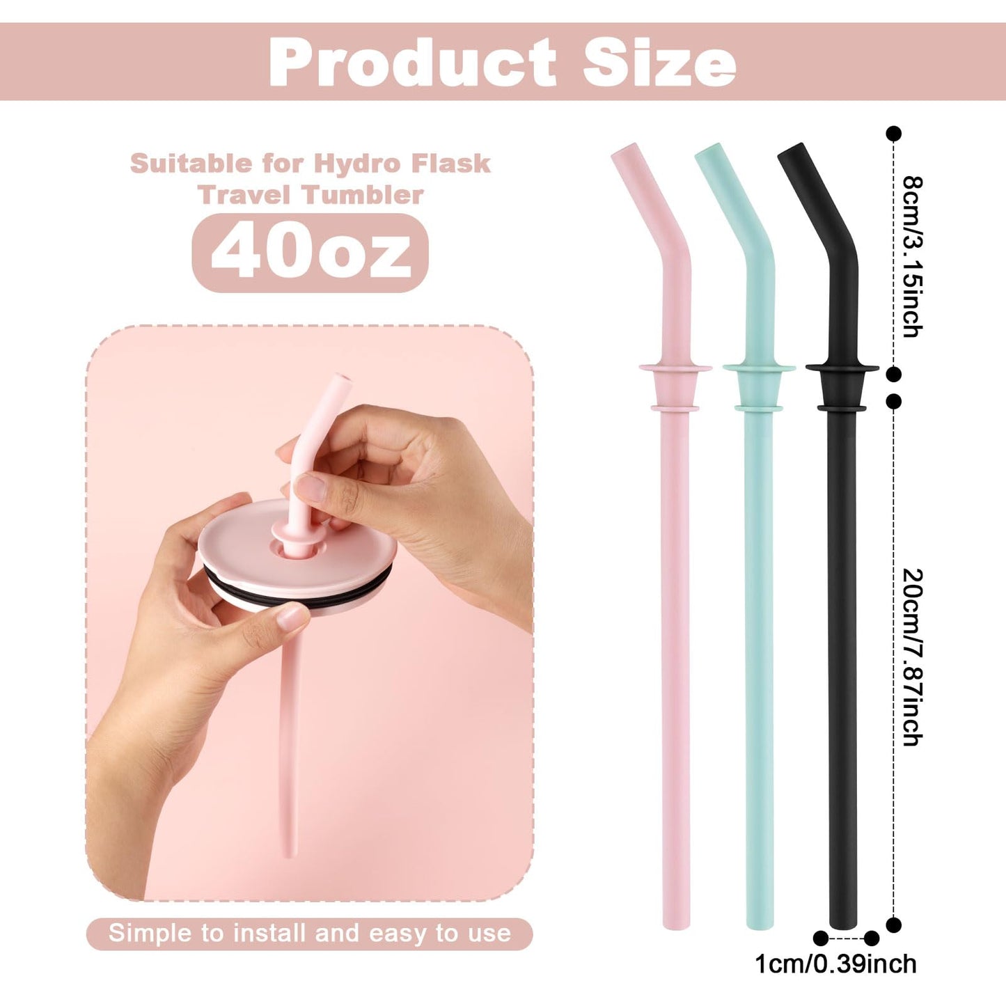 3pcs Press in Straw Replacement for Hydro Flask Travel Tumbler 40/32/28/20oz, BPA Free Reusable Silicone Tumbler Straws for HydroFlask Water Bottle Lid Accessories (Black, Pink and Blue)