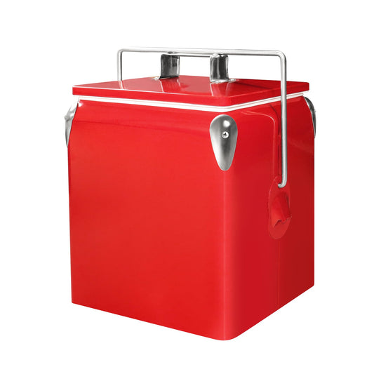 Kickleen Retro Ice Chest Cooler with Bottle Opener 13L (14Qt), Stainless Steel Vintage Style Ice Bucket for Camping, Party, Beach, Picnic, RV, BBQ, Tailgating, Fishing (Red)