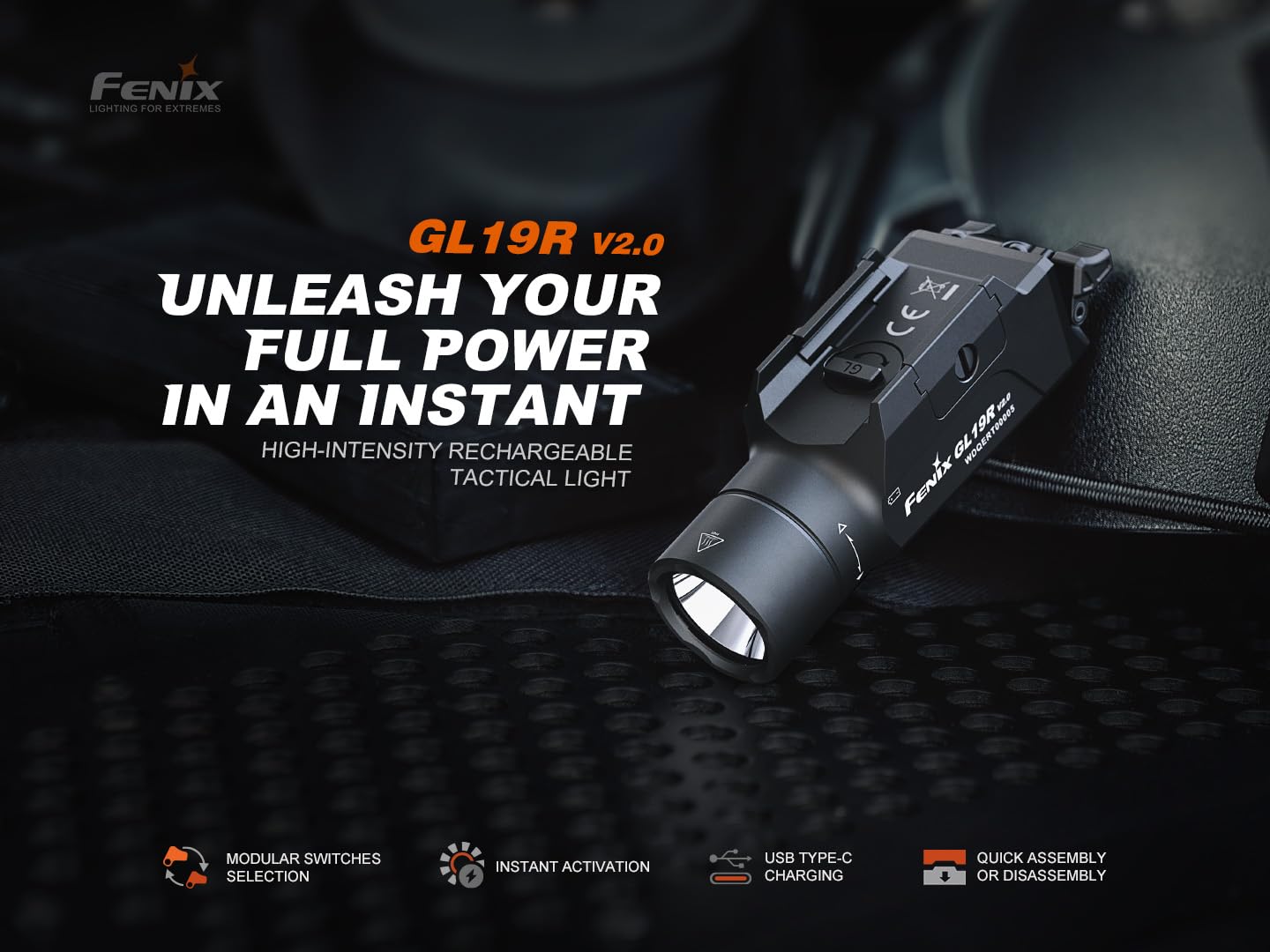 Fenix GL19R v2.0 1200 Lumen Quick Release Rail Mounted Flashlight, USB-C Rechargeable, 459 Yards Long Range with Organizer