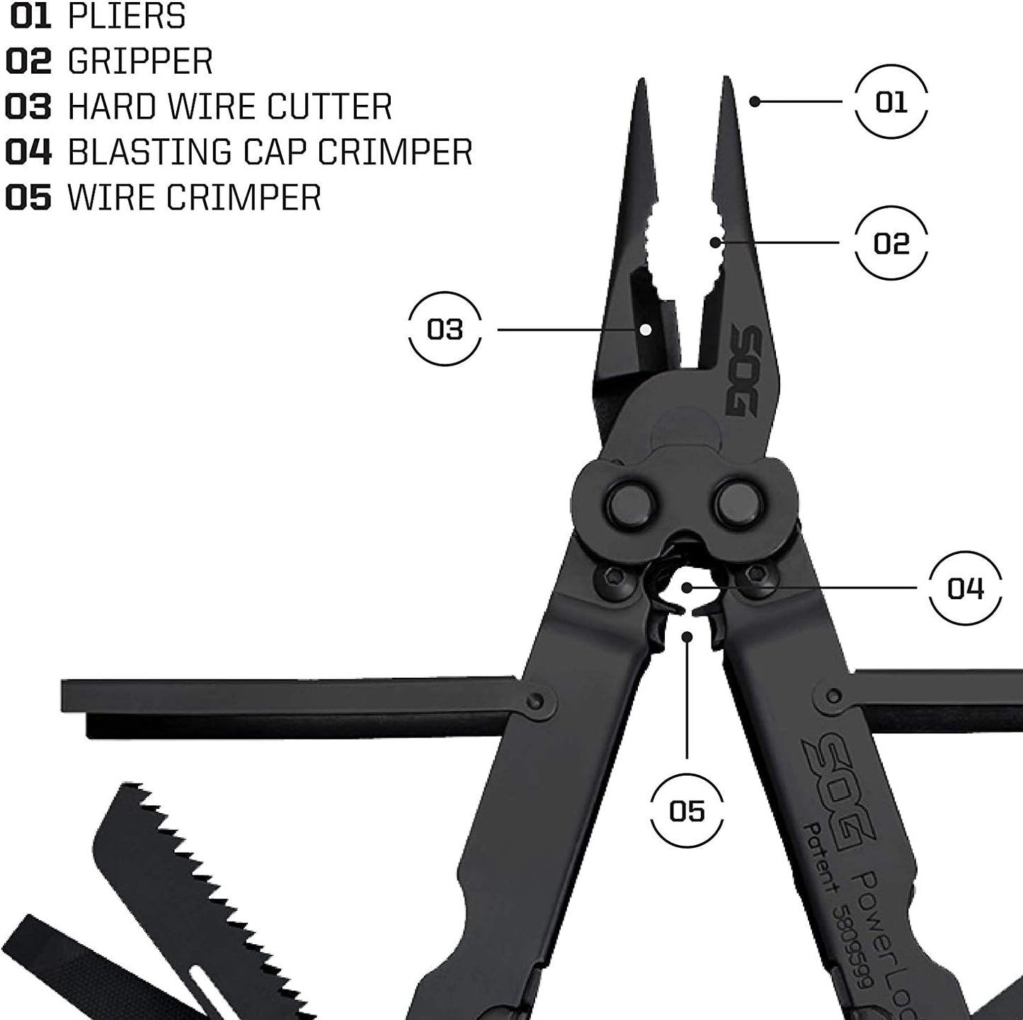 SOG PowerLock Multi-Tool- Compound Leverage Technology with EOD Crimper Device, 420 Stainless Steel Body, 18 Lightweight Specialty Tools (B61N-CP) , Black
