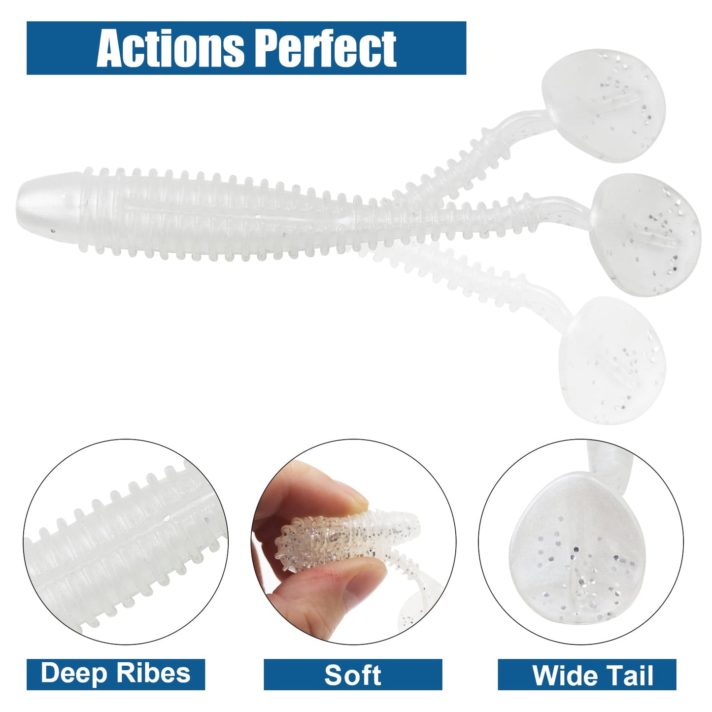 Little Soft Plastic Swimbaits, 75/60 PCs, 2.5"/3" Full Solid Body Paddle Tail Lures with Dia 0.44"/0.46", CWSDXM Fishing Baits, Thin Rib Shad for Trout Crappie Bass, Swimmers(3", White)