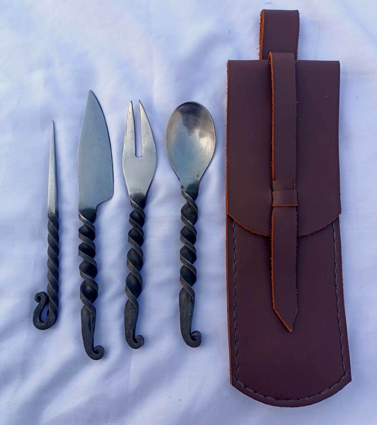 Viking Traders Hand Forged Twisted Medieval Eating Utensil Set | Functional Fork Knife Spoon And Food Stick | Medieval Eating Set, With Genuine Leather Carrying Pouch - Set 4