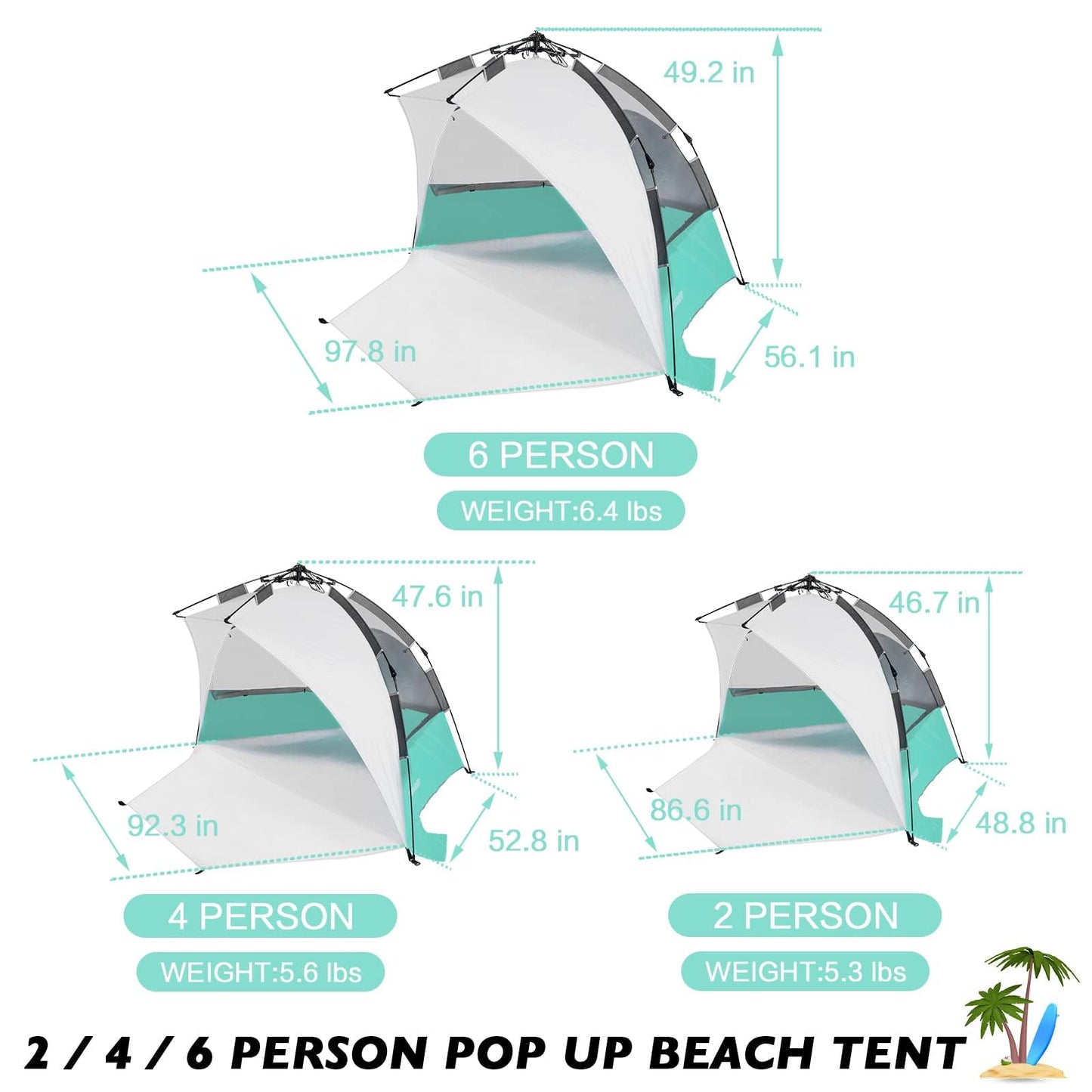 Mansader 2-3 Person Large Instant Pop Up Beach Tent, UV Protection Portable Easy Setup Sun Shade Shelter, Extended Floor with 3 Ventilating Mesh Windows for Outdoor Camping Fishing (Green)