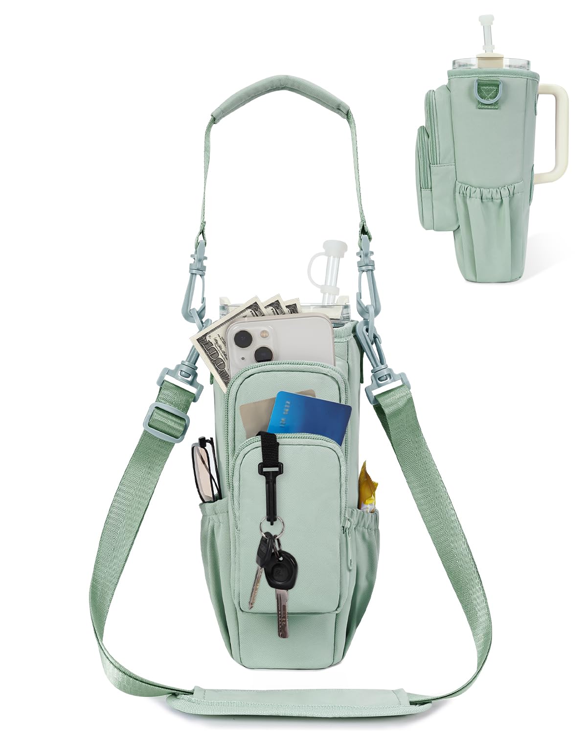sportsnew Water Bottle Carrier Bag with Phone Pocket for 30oz 40oz Tumbler with Handle Accessories Insulated Water Bottle Holder Pouch with Strap Crossbody with Straw Cover