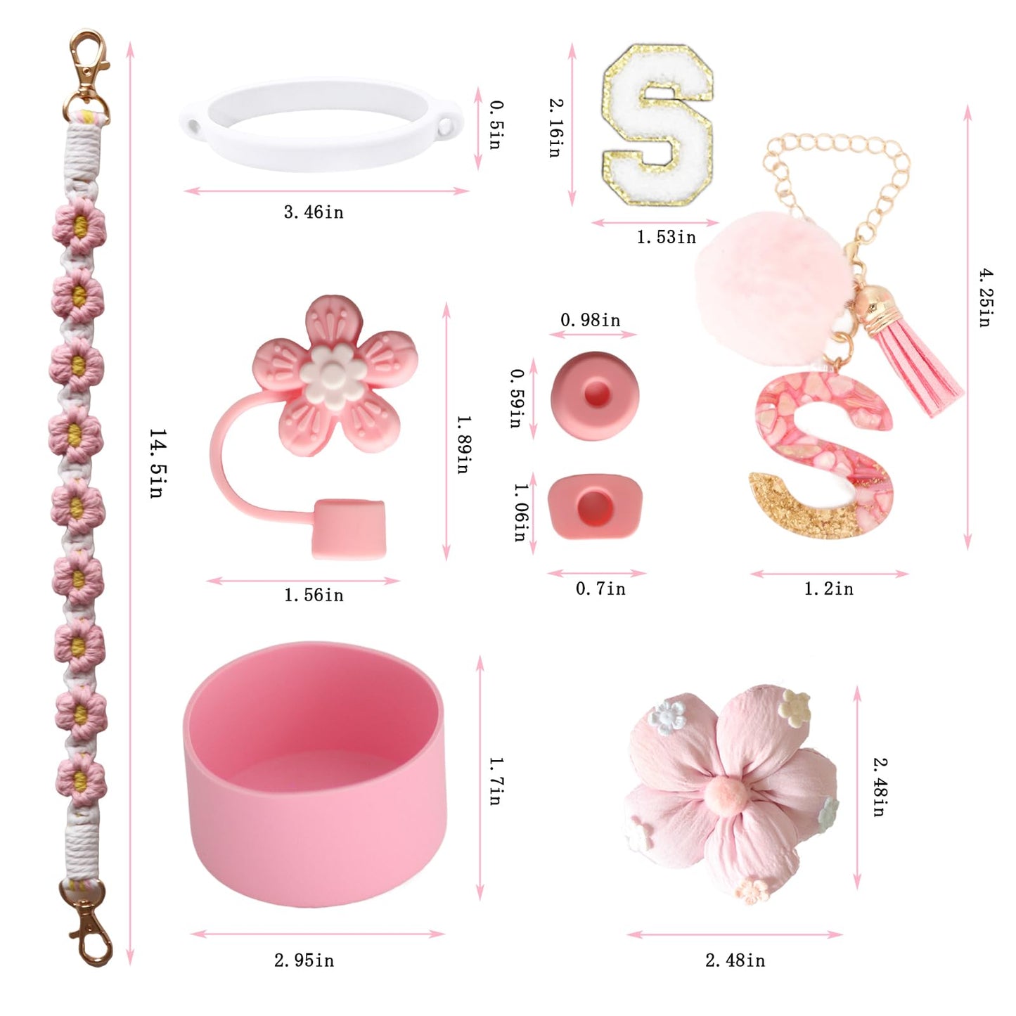1ze1ziyo 9PCS Cup Accessories Set for Stanley Cup 30oz 40oz Tumbler - Including Water Bottle Handle Strap,Straw Cover Cap,Spill Proof Stoppers,Boot,Initials Letter Charm,Sticker,Flower,Letter S,Pink