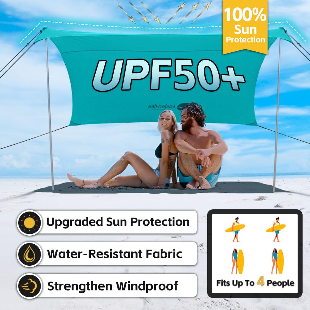 EasierHike Beach Shade Tent, 7 × 7.15 Ft Portable Easy Pop Up Beach Canopy, UPF50+ Sun Protection Shelter, Windproof & Water Resistant, Stable with 4 Sandbags & Windproof Cords, Perfect for Family