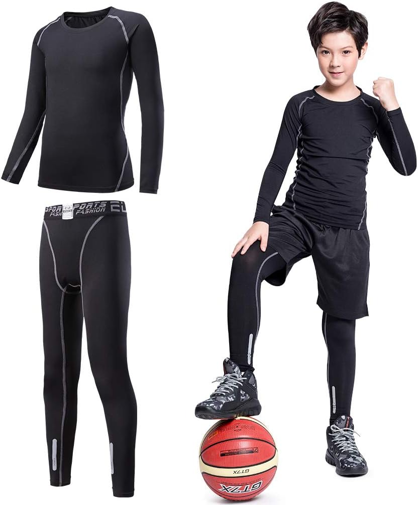 2/3/4 Pcs Boys Girls Base Layer Athletic Compression Leggings and Shirts Thermal Underwear Set Running Pants Tights