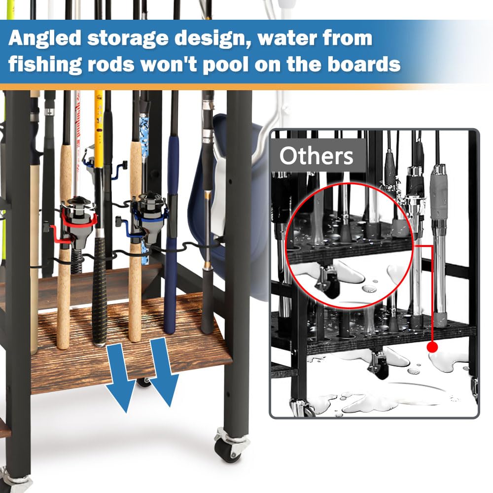 3-Tier Fishing Rod Holder, Garage Fishing Rod Rack, Fishing Rod Organizer for 12 Rods, Space Saving Fishing Pole Storage System for Garage Boat RV Basement, with Wheels Hooks and Storage Bag