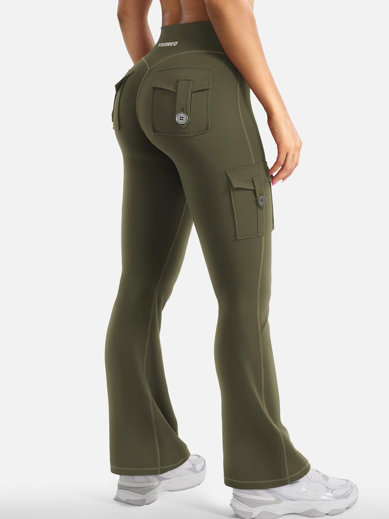 YEOREO CoreFlex Women Workout Flare Leggings with Pockets Scrunch Cargo Gym Yoga Leggings Army Green L