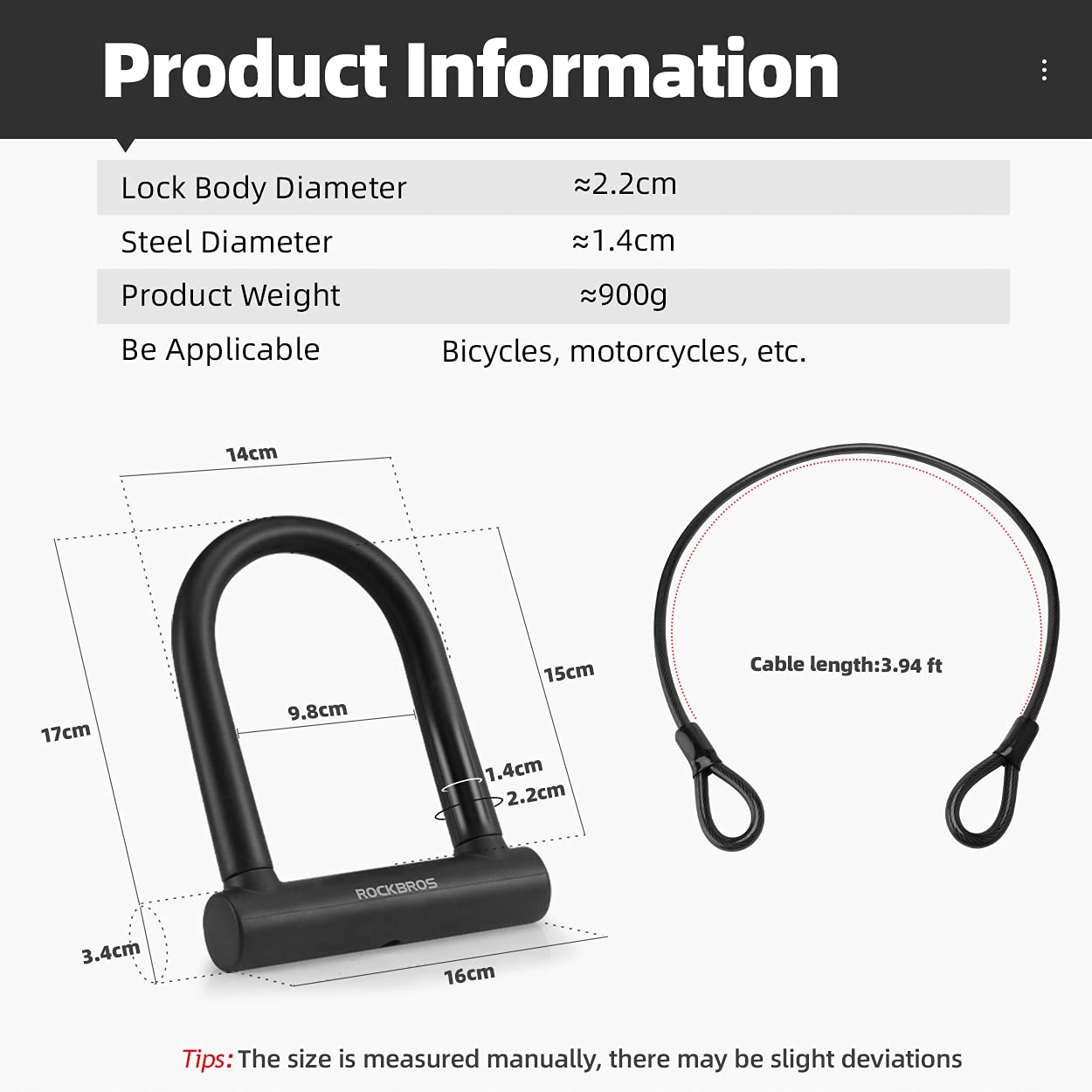 ROCKBROS U Lock Bike U Lock with Cable Heavy Duty Anti Theft Bike Lock U-Lock 4 ft Cable Mounting Bracket for Bikes eBikes Motorcycles Scooters