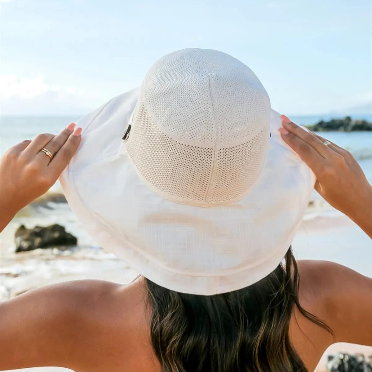 Women-Mesh-Sun-Hats-Bucket-Hat - Summer-Beach-Hat Fishing-Hat-Outdoor-UV-Protection Foldable-Travel-Hiking-Cap Beige
