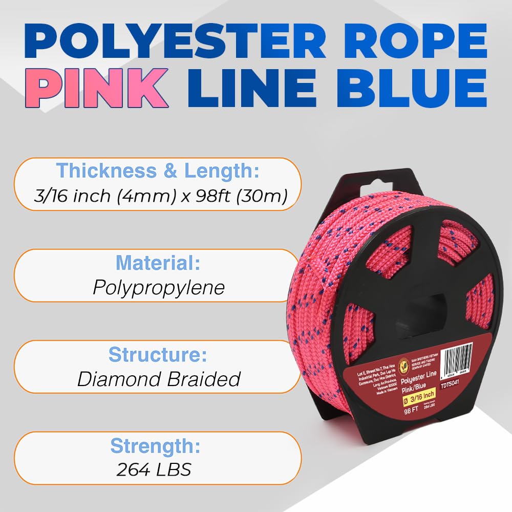 3/16" x 98' (4 mm x 30 m) 16 Strand Strong Heavy-Duty Tactical Cord, Clothes Line Camping Utility - All-Purpose Lightweight Diamond Braid Rope for Tie, Pull, Swing, Knot