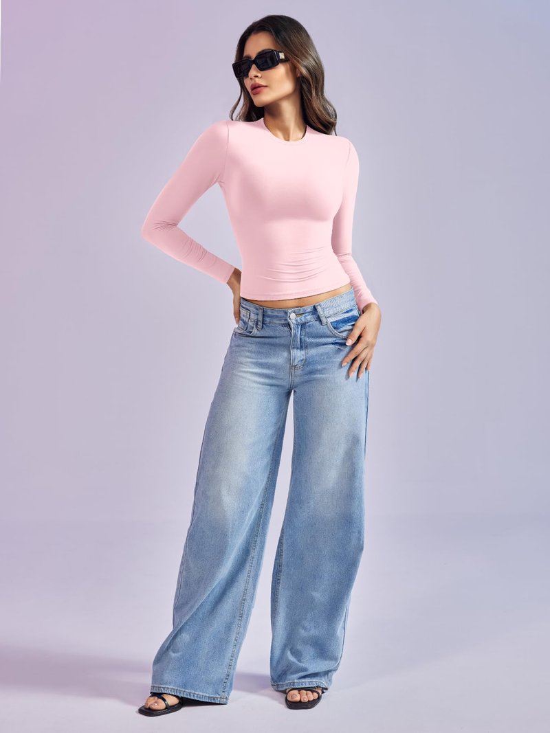 YEOREO Long Sleeve Shirts for Women y2k Tops Double Lined Basic Tee Crew Neck Going Out Sweeney Workout Undershirt Sakura Pink M