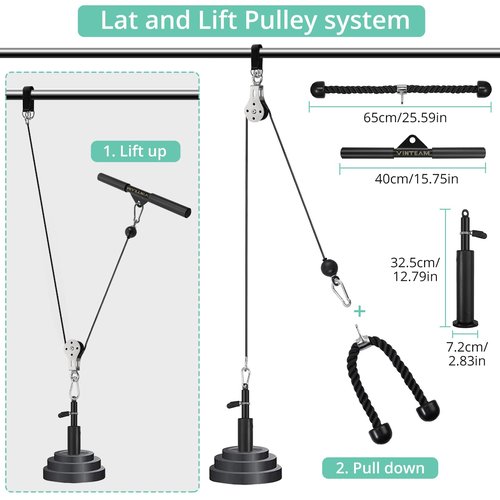 VINTEAM Pulley System, Pulley Cable Machine DIY Workout Accessories with Tricep Rope, LAT Pull Down Bar, Gym Cable for Triceps Extensions, Biceps Curl, Forearm (Tricep Rope +Straight Bar)