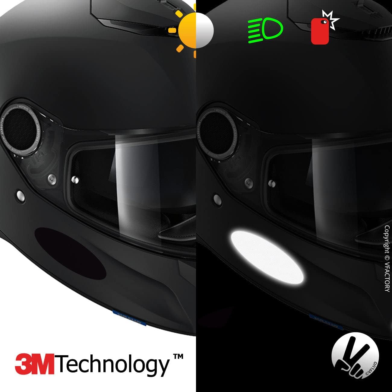 VFLUO - Kit 4 Retro Reflective Oval Stripes Stickers for Mortorcyle Helmet - Stickers Approved to FR Dimension - High Visibility, 3M Technology™ - Discreet and Design - Maximum Grip