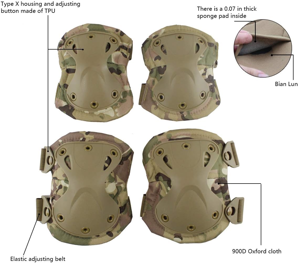 AOUTACC Tactical Combat Knee & Elbow Protective Pads Set for Outdoor CS Paintball Game Cycling Safety Skateboarding Gear Skates Knee Protection Guard Pads